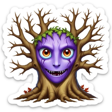 An ancient, psychic tree evolves by absorbing the essence of fallen autumn spirits, sprouting a radiant, maple-crowned face that channels both forest wisdom and fiery seasonal magic through its gnarled. Purple eyes, blue eyes sharp teeth,  sticker