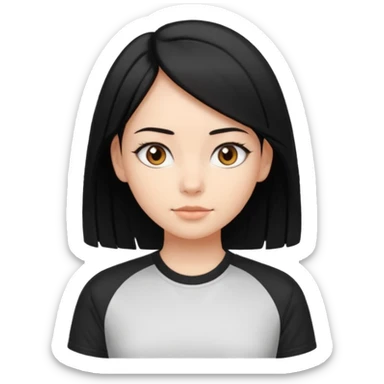 Make a girl with jet black hair that is straight  and length till shoulders| brown eyes | oval head| an aesthetic style| sporty shirt sticker