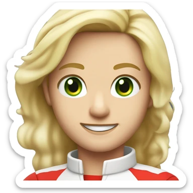 Create a Formula 1 driver, straight, blonde hair pulled to the side, green eyes, red Ferrari markings, smiling and with arms crossed sticker