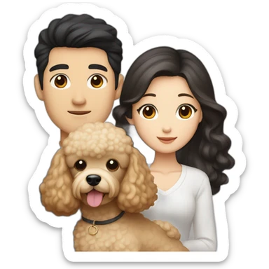 A couple consisting of asian korean man with black eyes and black hair and white girl with long straight blonde hair and brown eyes with brown toy poodle sticker
