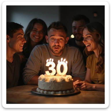 hyperrealistic 4K scene of a man blowing out candles on a cake with the number 30, ironic or worried expression, friends smiling and watching, festive atmosphere sticker