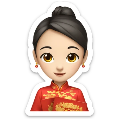 Beautiful youngchinese girl wearing red cheongsam holding red envelope “福” sticker