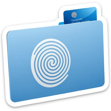 Minimalist blue Telegram channel icon of a card back. The card is face down, slightly tilted. A single, elegant fingerprint spiral is centered on the card back, symbolizing identity and unique associations. Monochromatic blue and white. Clean, flat design. sticker