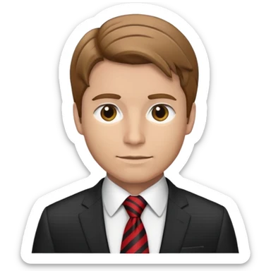 man with combed light brown hair wearing a suit with black horizontal stripes and a red tie sticker