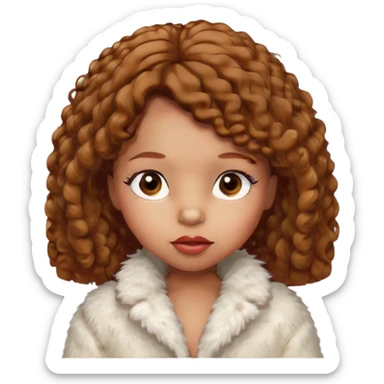 light brown skin tone, very adorable toddler, with big plump lips, long long lashes, brown curly bob, brown eyes, white fur coat sticker