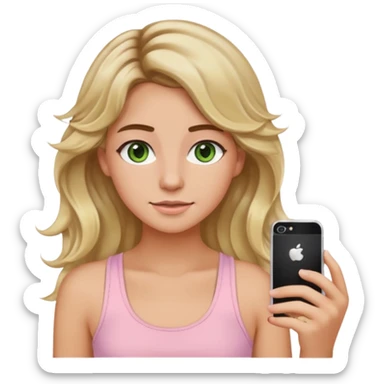 ca you make her hair a 20-year-old girl with long wavy hair brown roots blonde highlights green eyes brown eyebrows good summer tan iPhone emoji style with light pink tank top can you make her hair a little longer please sticker