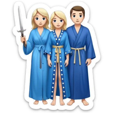 An upright Europe (a tall woman), wearing a blue, flowing robe with stars on the hem. In the background stands a man, with a knife
He has to stand behind her. the top of the knife to her back sticker