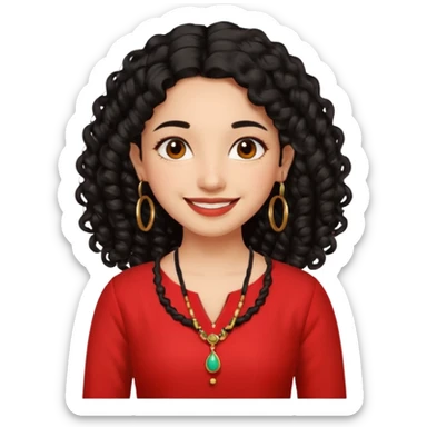 generate a pretty bratz girl with a red kurti, long black curly hair, hoops, sticker