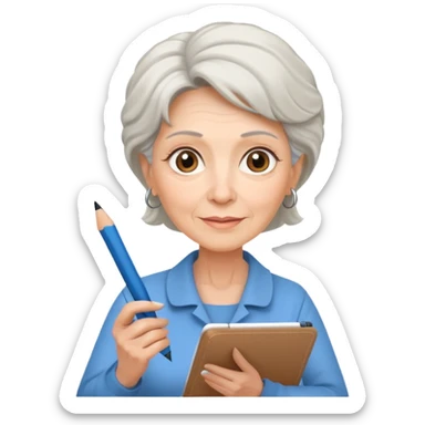 Older woman sketching in spiral pad, spiral pad to the camera sticker