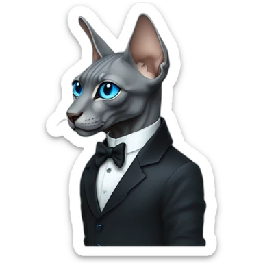 dark grey sphinx with bright blue eyes wearing black suit, portrait sticker