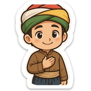 cartoon sticker of a Kurdish boy in traditional clothing, hand on chest (salute) pose, gentle smile, colorful and cheerful, no text, suitable for WhatsApp and Instagram sticker
