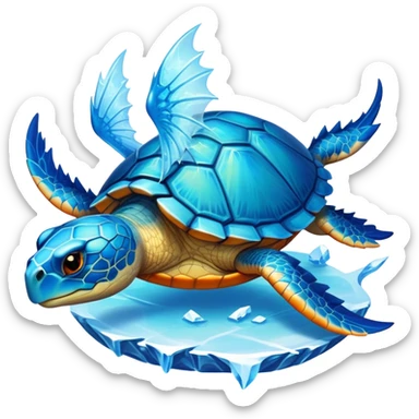Create a majestic aquatic ice drake with a protective turtle shell, combining the first creature's friendly demeanor and defensive capabilities with the second creature's draconic elegance and elemental power, resulting in a creature that glides through frozen waters with glowing blue spines and gentle orange-gold wings. sticker