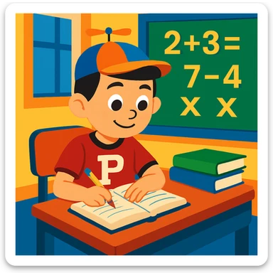 Change Little Johnny's hair to dark brown or black, keeping the rest of the scene the same: boy with a propellor hat and Philadelphia sports shirt, sitting at a desk in a math classroom, focused and organized, cartoon style. sticker