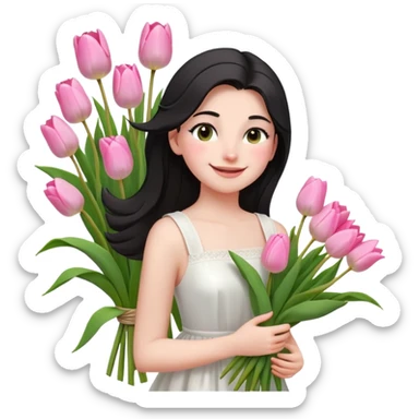  A girl Squint your eyes and smile with a black half-up half-down hairstyle, and a white dress, enjoying the spring breeze.Holding a bundle of pink tulips sticker