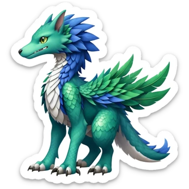 Cute cool fantasy animal hybrid Sergal-Digimon-Fakemon full body, green scales, brown eyes, blue feathers sticker