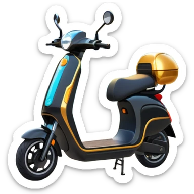 An icon featuring a sleek electric scooter parked on a scenic path. The background showcases a vibrant city park with green trees, flowers, and a clear blue sky. The sun sets in the distance, casting a warm golden glow on the landscape. Transparent background sticker