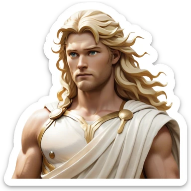 Cinematic Realistic Thor Portrait, depicted as a classical Greek god with a chiseled, sculpted physique reminiscent of ancient marble statues. His fair, luminous skin carries a subtle golden sheen, and his long, wavy, sun-kissed golden hair flows elegantly around his noble face, accentuating his determined, piercing eyes. Draped in a flowing white toga with delicate golden accents and hints of lightning motifs, the portrait is rendered in dynamic natural lighting with a radiant, mythic glow that exudes timeless strength and divine grace. sticker