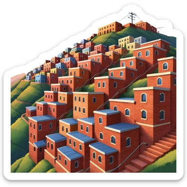 Urban Peruvian hillside neighborhood, brick houses stacked on steep hills, unfinished red brick buildings, colorful painted facades, narrow stairways, electric cables crossing the sky, sunset lighting, realistic style, cinematic, high detail in the desert sticker