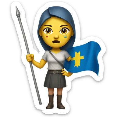 super-realistic angry female Ukrainian holds the ukranian flag sticker