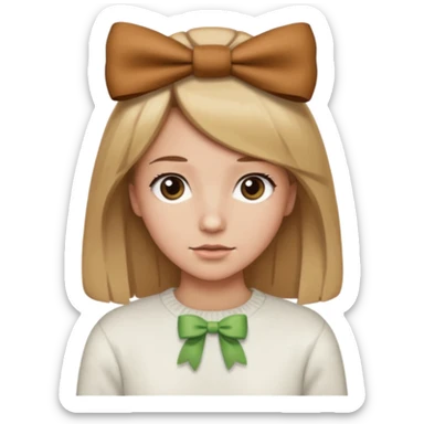 Pelo color marron claro acercándose a el rubio,suéter blanco con un moño marron, piel normal clara,y un mini moñito en la cabeza marron sticker