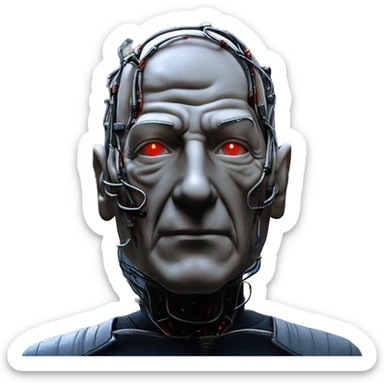 Jean luc picard from Star Trek assimilated by the Borg, with mechanical metal covering the left side of his face, with wires and a red light on the left side. His eyes are blue sticker