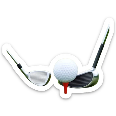 A golf ball on a tee with a golf club placed beside it, set against the backdrop of a well-manicured green golf course. The scene emphasizes the equipment and serene atmosphere of the sport, with soft lighting and a peaceful, open landscape sticker