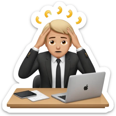 A man in corporate attire sitting at a desk, having fatigue hands on head while working on a laptop sticker