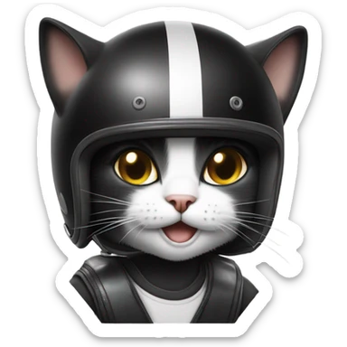 Grinning Black and white cat skateboarding with tiny crash helmet  sticker