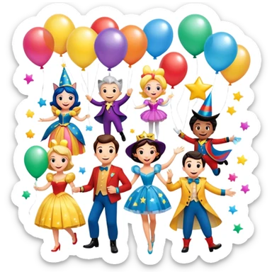 Icon for Animated Movies: A vibrant, colorful collage featuring iconic characters from popular animated films. Include cheerful, playful figures with exaggerated features, bright costumes, and whimsical elements like floating balloons, stars, and sparkles. Transparent background. sticker