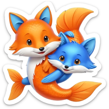 Make a pair of hugging or cuddling best friends: a bright orange fish and a vivid blue fox sticker