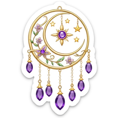 Epic beautiful gorgeous cute gold suncatcher, threads with shiny sparkly amethyst gemstones, flowers, crescents-moons, stars sticker