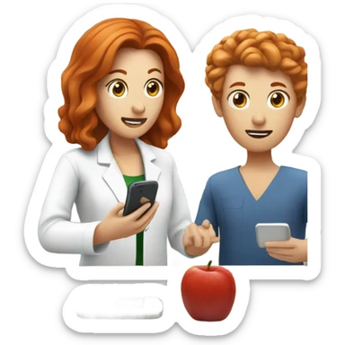red hair nutritionist and patient talking smartphone sticker