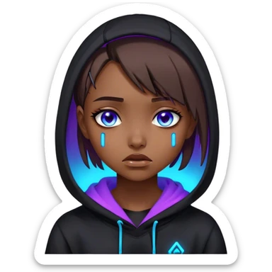a girl with a brown bob and blue eyes in a black hoodie is crying Cyberpunk style. Violet neon. sticker
