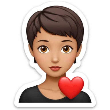 woman pixie cut dark brown hair, tan skin, brown eyes, heart shaped face sticker