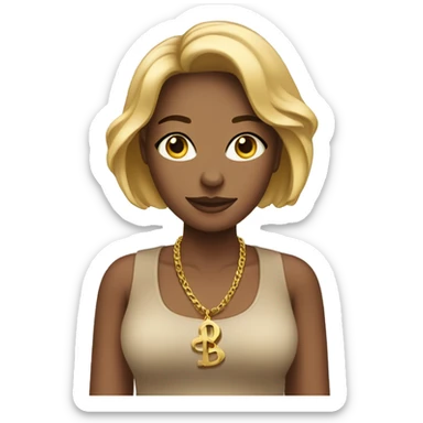 Tan woman with bob, professional, with a trans symbol necklace that has dollar sign in middle sticker