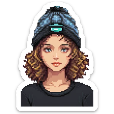 woman with curly hair and a beanie sticker