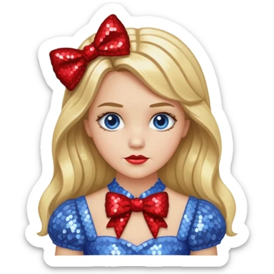 Dorothy Gale from Oz with long blonde hair, periwinkle sequin outfit, red bow sticker