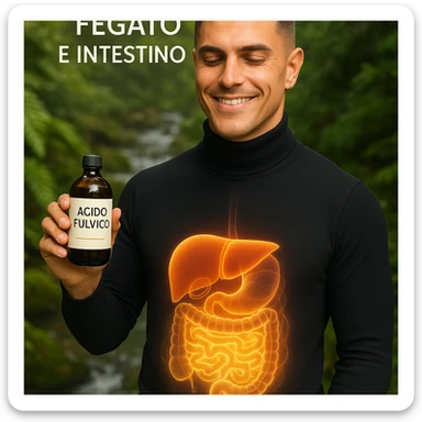 Create a vertical 9:16 wellness semi-realistic style image of a man with the face from the reference image. He is holding a bottle labeled 'acido fulvico'. Show translucent energy on the abdomen and liver. The environment is natural with plants and water. Include Italian text. sticker