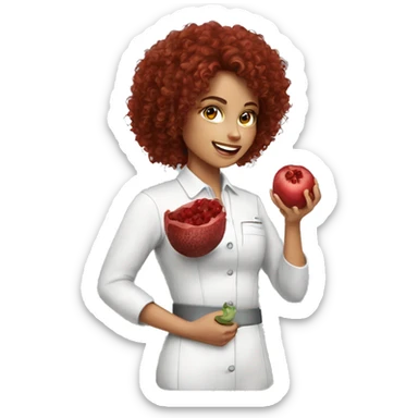 dietitian girl dark red curly hair eating a pomergranate sticker