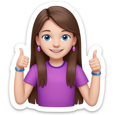 11 year old girl, blue eyes, brown long ish straight hair, smile and two thumbss up with purple stud earings and a pink shirt, and that you can see my whole body, and no teeth in my smile sticker