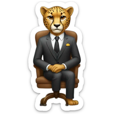 A cheetah wearing a suit looking straight while sitting in a chair sticker