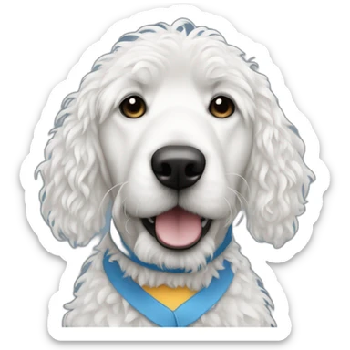 A white doodle with blue shirt, a quote "No hay sistema" sticker