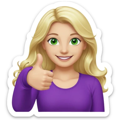 lady with long wavy blonde hair, purple top, green eyes, thumbs up sticker