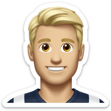 Skinny Caucasian male blonde combed over hair smiling wearing a Houston Texans polo sticker
