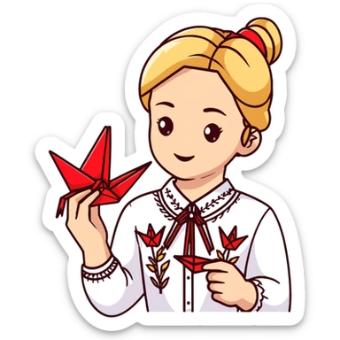 Ukrainian young girl with blonde braided hair wearing a white traditional embroidered shirt (vyshyvanka) holding a red origami paper crane in her hands sticker