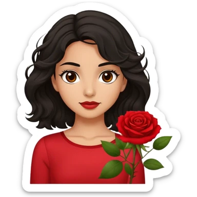 Olive skin Brown eyes black wavy hair red rose backround red top  sticker