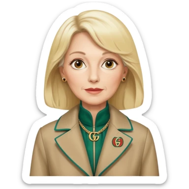 she is about 65 years old with blond hair, likes gucci, is a phd in cardiology and she does not wear glasses or a lab coat or carry a stethoscope but wears gucci coats sticker