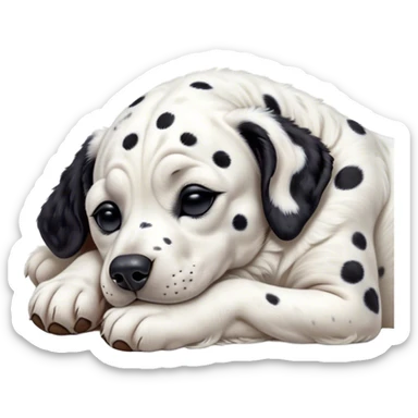 Meme-Worthy Cute Sleeping Spotted Dalmatian Portrait Emoji, Head resting peacefully with a contented smile, showcasing a delightfully majestic build and a luxuriously soft Fur of predominantly white with bold black patches, eyes shut in a serene nap, Simplified yet hilariously adorable features, highly detailed, glowing with a soft, drowsy light, high shine, relaxed and utterly lovable, stylized with an air of playful laziness, bright and heartwarming, soft glowing outline, capturing the essence of a comically sleepy guardian, so meme-worthy it feels like it could instantly become the next viral sensation of adorable slumber! sticker