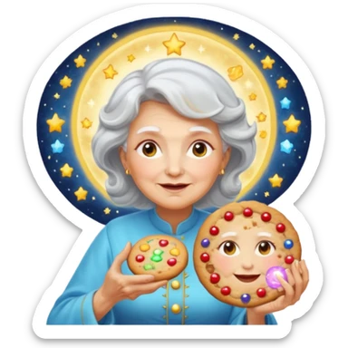 Portrait of a divine grandma with a glowing halo and radiant cookie aura, celestial kitchen with floating ingredients, surreal heavenly light, emoji-style sticker