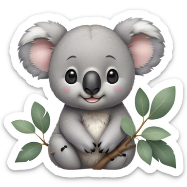 Cinematic Cute Koala Portrait Emoji, Head tilted playfully and inquisitively, featuring a fluffy grey fur with perky, rounded ears and a charming black nose, round, sparkling eyes filled with gentle curiosity, Simplified yet irresistibly adorable features, highly detailed, glowing with a warm, friendly glow, high shine, affectionate and cuddly, stylized with a touch of eucalyptus whimsy, bright and endearing, soft glowing outline, capturing the essence of a mischievous yet loving koala, so playful it feels like it could snuggle out of the screen into your arms! sticker